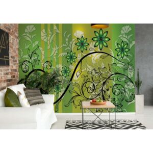 Fototapeta - Modern Floral Design With Swirls Green III. Vliesová tapeta - 416x254 cm