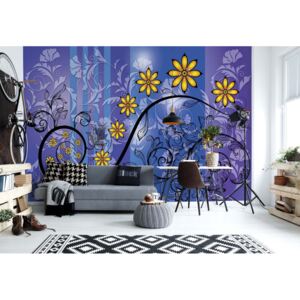 GLIX Fototapeta - Modern Floral Design With Swirls Blue, Purple And Yellow Vliesová tapeta - 312x219 cm
