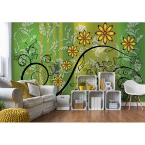 Fototapeta - Modern Floral Design With Swirls Green And Yellow Vliesová tapeta - 206x275 cm