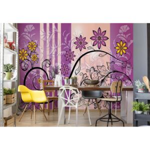 Fototapeta - Modern Floral Design With Swirls Purple And Yellow I. Vliesová tapeta - 416x254 cm