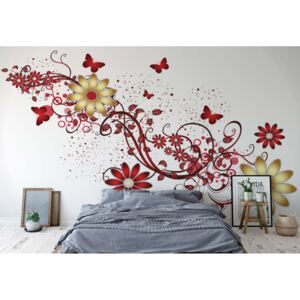 GLIX Fototapeta - Modern Design Red Flowers And Butterflies I. Vliesová tapeta - 208x146 cm
