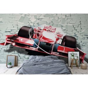 Fototapeta - Formula 1 Racing Car Bursting Through Brick Wall 3D Illusion Vliesová tapeta - 368x254 cm