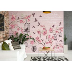 GLIX Fototapeta - Cherry Blossom And Birds Vintage Design Pink Vliesová tapeta - 208x146 cm