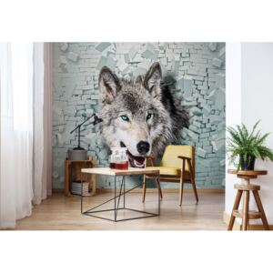 Fototapeta - Wolf 3D Bursting Through Brick Wall Vliesová tapeta - 416x254 cm
