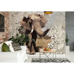 Fototapeta - Elephant Bursting Through Brick Wall Vliesová tapeta - 416x254 cm