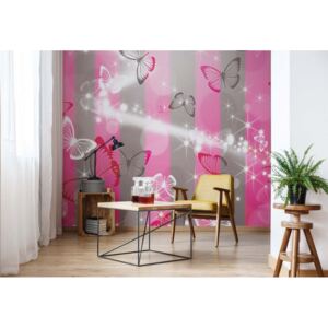 GLIX Fototapeta - Butterflies Pink Stripes Vliesová tapeta - 254x184 cm