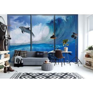 GLIX Fototapeta - Dolphins Sea Wave Window View Vliesová tapeta - 312x219 cm