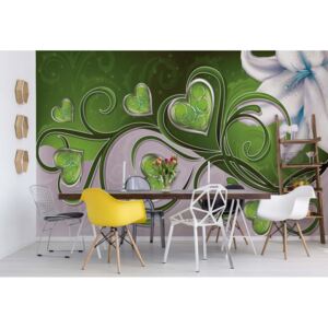 GLIX Fototapeta - Lily Hearts Green Swirls Vliesová tapeta - 416x254 cm