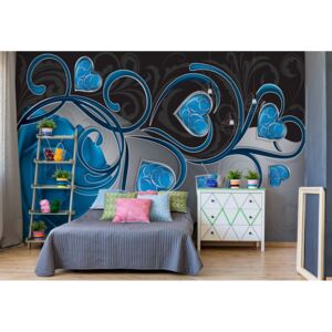 GLIX Fototapeta - Rose Hearts Blue Swirly Modern Design Vliesová tapeta - 416x254 cm