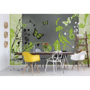 Fototapeta - Flowers And Butterflies Modern Design Green Vliesová tapeta - 368x254 cm