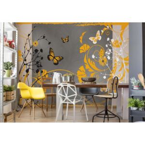 Fototapeta - Flowers And Butterflies Modern Design Yellow Vliesová tapeta - 254x184 cm