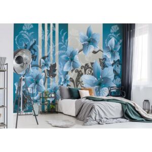 GLIX Fototapeta - Floral Pattern With Swirls Blue Vliesová tapeta - 312x219 cm