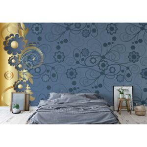 GLIX Fototapeta - Blue And Gold Floral Design Vliesová tapeta - 208x146 cm
