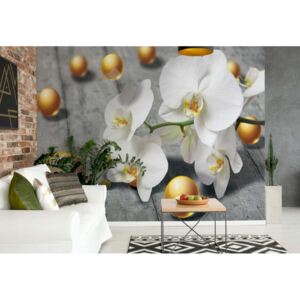 GLIX Fototapeta - Abstract 3D Design Yellow Balls Orchids Vliesová tapeta - 312x219 cm