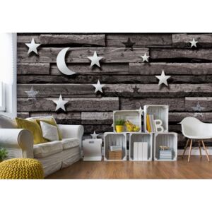 GLIX Fototapeta - 3D Stars And Moon Wood Plank Texture Grey Vliesová tapeta - 312x219 cm