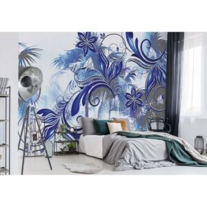 Fototapeta - Flowers And Swirls Abstract Art Blue And Grey Vliesová tapeta - 312x219 cm