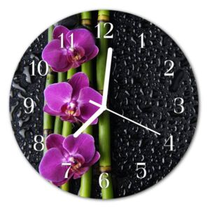 E-shop24, průměr 30 cm, Hnn55994197 Nástěnné hodiny obrazové na skle - Orchidej fialová