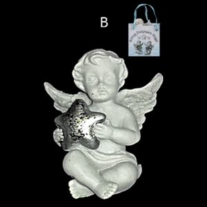Andělíček z polyresinu v dárkové tašce 6 cm stříbrná hvězda uprostřed nohy doprava verze B