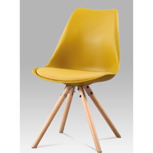 Jídelní židle, žlutá plast + ekokůže, masiv buk