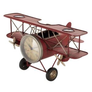 Kovový červený retro model letadla s hodinami -31*18*17cm