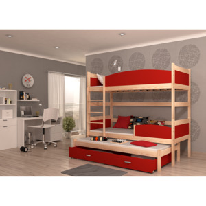 Dětská patrová postel SWING3 + rošt + matrace ZDARMA, 190x90, borovice/červený