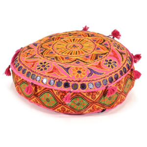 Meditační polštář, ručně vyšívaný Gujarat Design, kulatý, 40x12cm