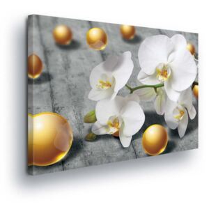 GLIX Obraz na plátně - Bílé Květy se Zlatými Perlami 80x80 cm