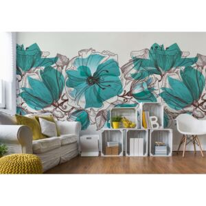 Fototapeta - Modern Painted Turquoise Flowers Papírová tapeta - 184x254 cm