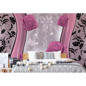 Fototapeta - Pink Roses Floral Design Pink And Silver Papírová tapeta - 184x254 cm