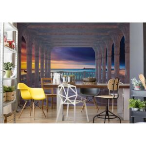 GLIX Fototapeta - Beach Sunset 3D View Through Columns Papírová tapeta - 368x254 cm