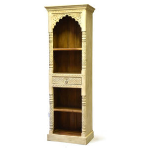 Knihovna z mangového dřeva, bílá patina, ruční řezby, 65x41x195cm