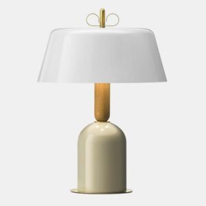 Torremato Bon Ton, stolní lampa z mosazi, dřeva, béžová základna, bílé stínítko, 3x30W E14, výška 56,9cm