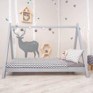 Montessori dětská postel, borovicové dřevo, šedá, GROSI