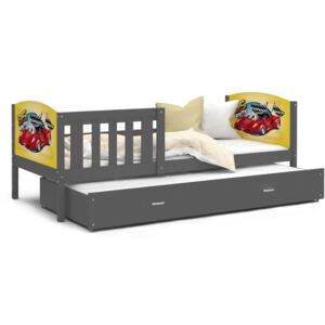 Dětská postel s přistýlkou TAMI R2 - 190x80 cm - šedá/auto