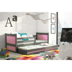 Dětská postel FIONA 2 + matrace + rošt ZDARMA, 90x200 cm, grafit, růžová