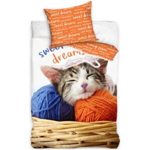 BedTex • Bavlněné ložní povlečení koťátko s klubíčky - motiv sweet dreams - 100% bavlna - 70 x 90 cm + 140 x 200 cm