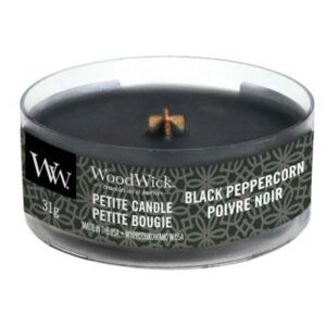 WoodWick - vonná svíčka Petite, Black Peppercorn (Černé zrnko pepře) 31g (Směs pepře a zemitých koření, zahalená ve vůni sladké ambry a krémového santálového dřeva.)