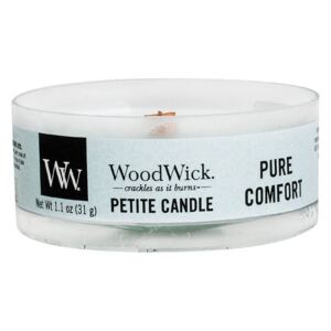WoodWick - vonná svíčka Petite, Pure Comfort (Čisté pohodlí) 31g (Uklidňující vůně čistého prádla, v dokonalé harmonii s vůní svěžích citrusů a saténového pižma.)