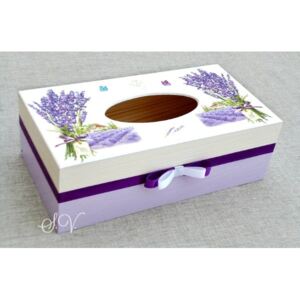 Box na kapesníky - bílo-fialový se stuhou a levandulemi