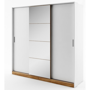 Šatní skříň 220 cm s posuvnými dveřmi v bílém matu se zrcadlem s dekorem dub DT 01 KN984