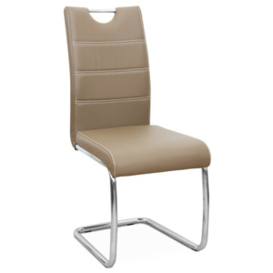 Jídelní židle potažená ekokůží v odstínu cappucino se zdobným prošitím na opěradle a chromovou moderně tvarovanou podstavou TK182