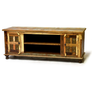 Komoda pod TV z antik teakového dřeva zdobená mosaznými Buddhy, 160x45x61cm