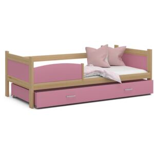 Dětská postel se šuplíkem TWISTER M - 190x80 cm - růžová/borovice