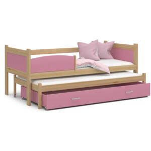 Dětská postel s přistýlkou a šuplíkem TWISTER - 190x80 cm - růžová/borovice