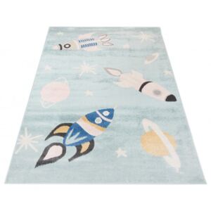 Dětský kusový koberec HAPPY H333A Raketa Vesmír modrý Rozměr: 80x150 cm