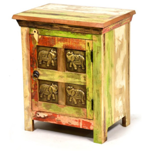Noční stolek z antik teakového dřeva zdobený reliefy slonů, 46x35x61cm