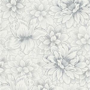 Vliesové tapety na zeď Natural Living 5425-10, rozměr 10,05 m x 0,53 m, bílé květy se stříbrnými detaily, Erismann