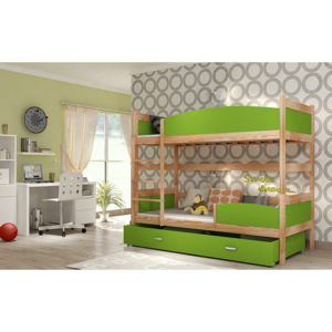 Dětská patrová postel SWING + matrace + rošt ZDARMA, 180x80, borovice/zelený