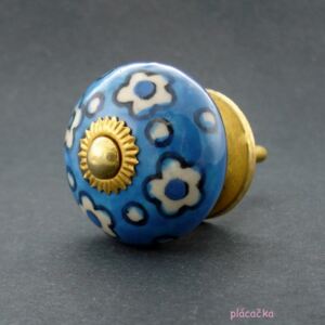 Keramická úchytka 4cm-Modrá s kytičkami - komponenty zlaté