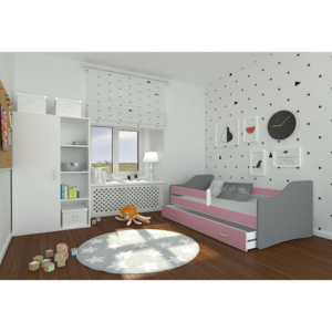 Dětská postel SWAN + matrace + rošt ZDARMA, 140x80, růžová/šedá